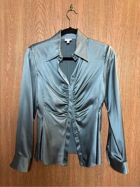 Armani Collezioni Satin Ruched Button-Down Blouse in Steel Blue